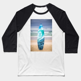 Light blue, turquoise wave painted on recycled surfboard on the beach Baseball T-Shirt